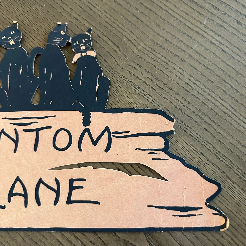 Vintage Halloween Beistle(?) Phantom Lane Black Cats Sign Decoration 14in *READ*